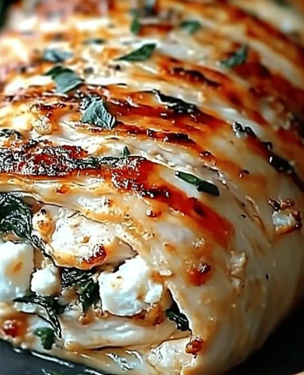 Cozy spinach, mushroom, and feta stuffed chicken breast on a plate