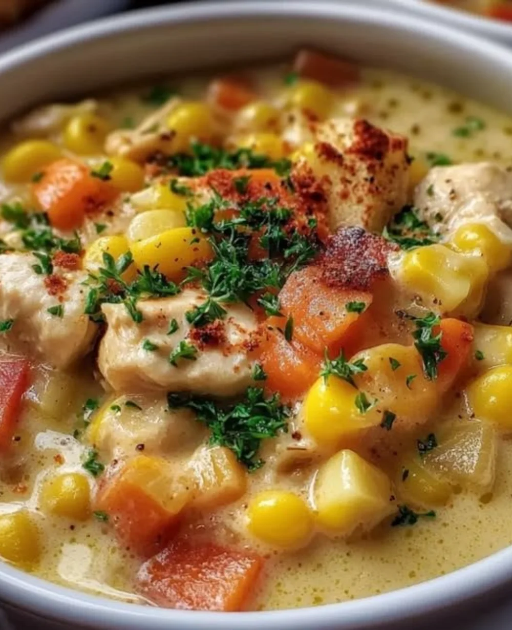 Bowl of creamy chicken corn chowder topped with herbs and served with bread.