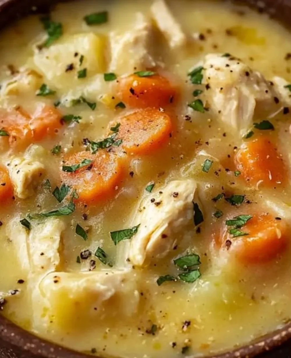 Bowl of high protein chicken pot pie soup with vegetables