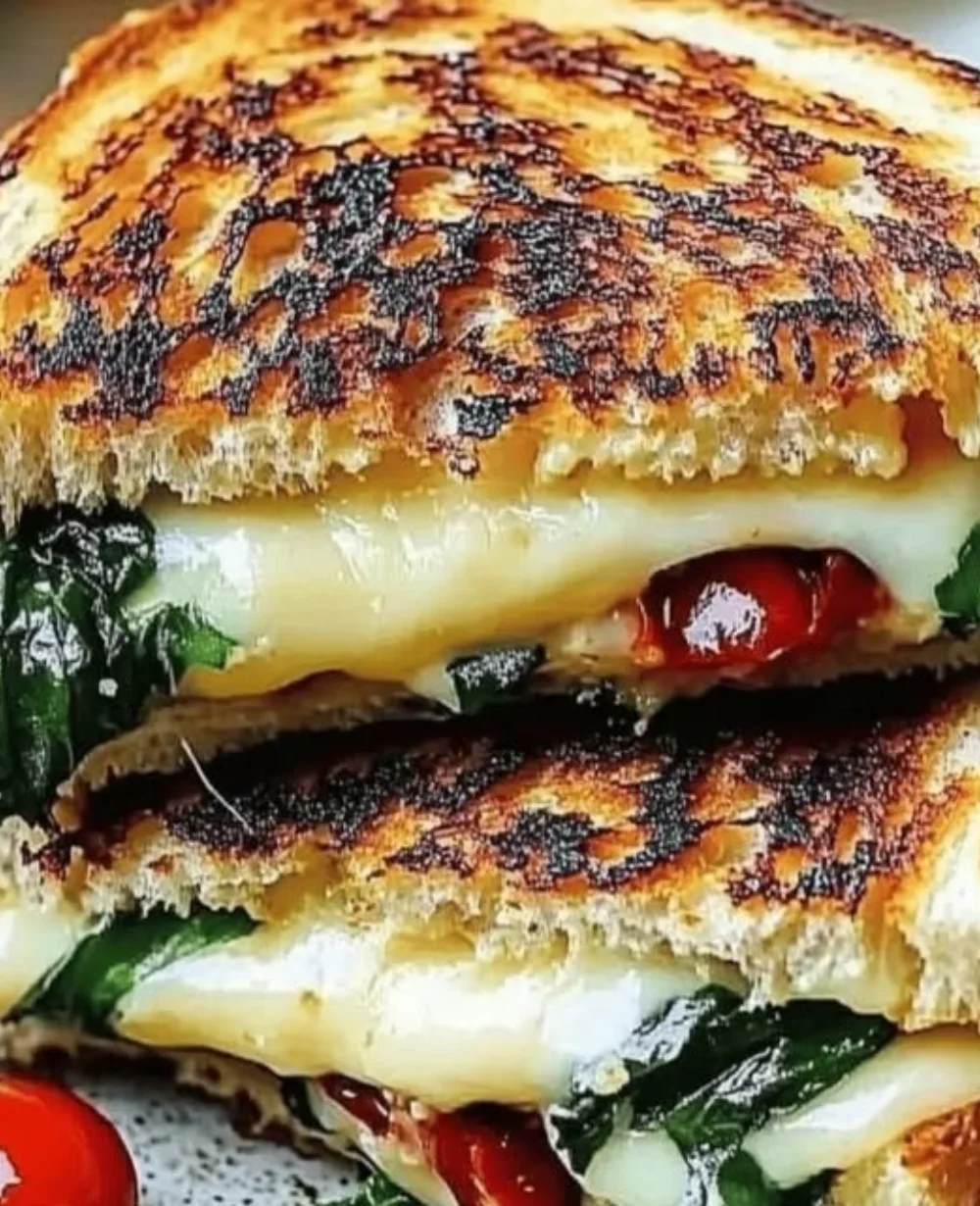 Mediterranean grilled cheese with sun-kissed ingredients melting on bread