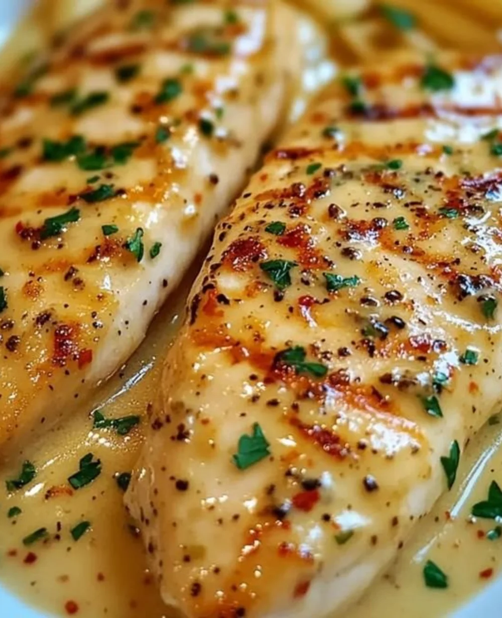 Creamy Chicken Fillet in Spicy Garlic-Parmesan sauce served on a plate
