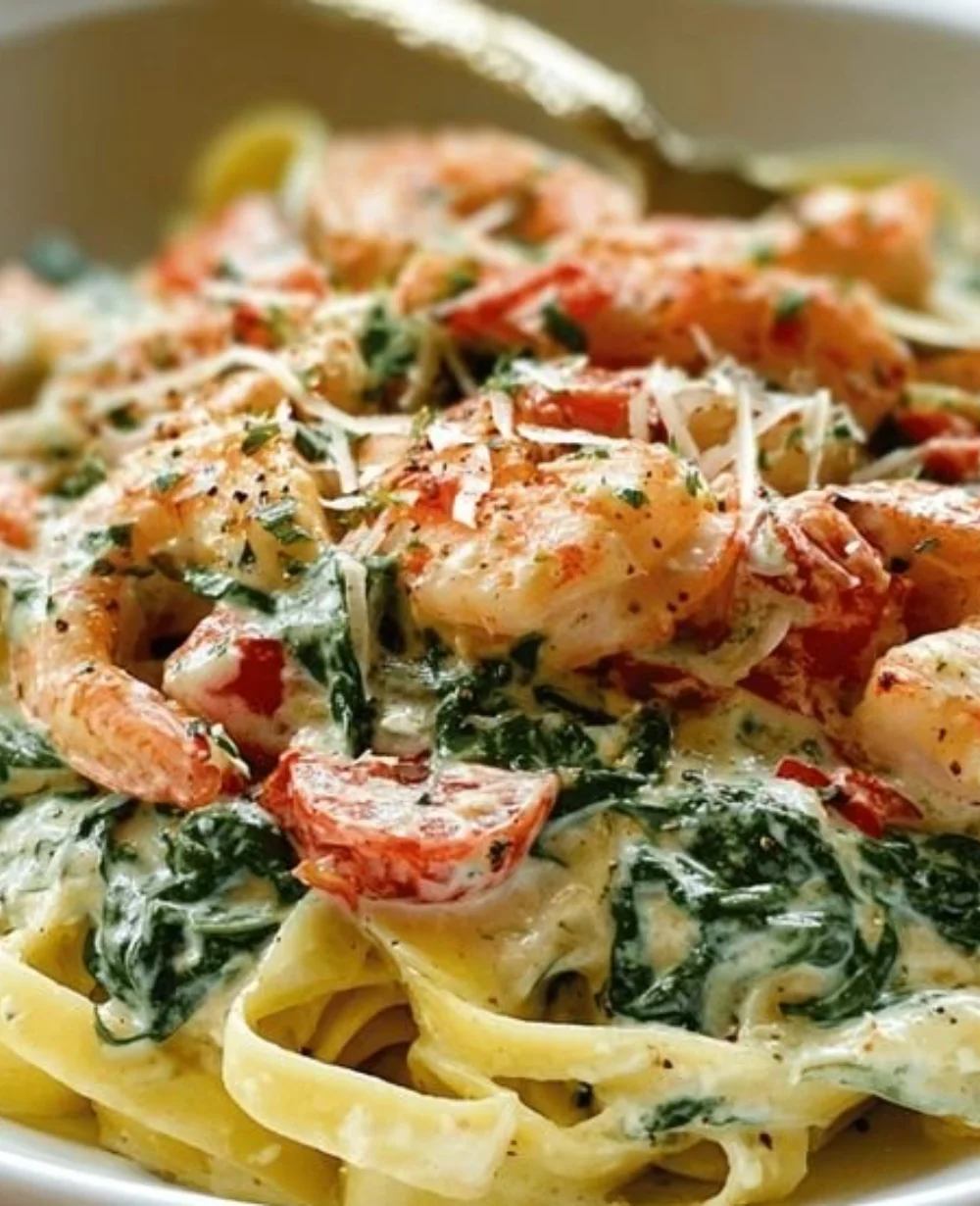 Creamy fettuccine with shrimp served with parsley and Parmesan cheese garnish