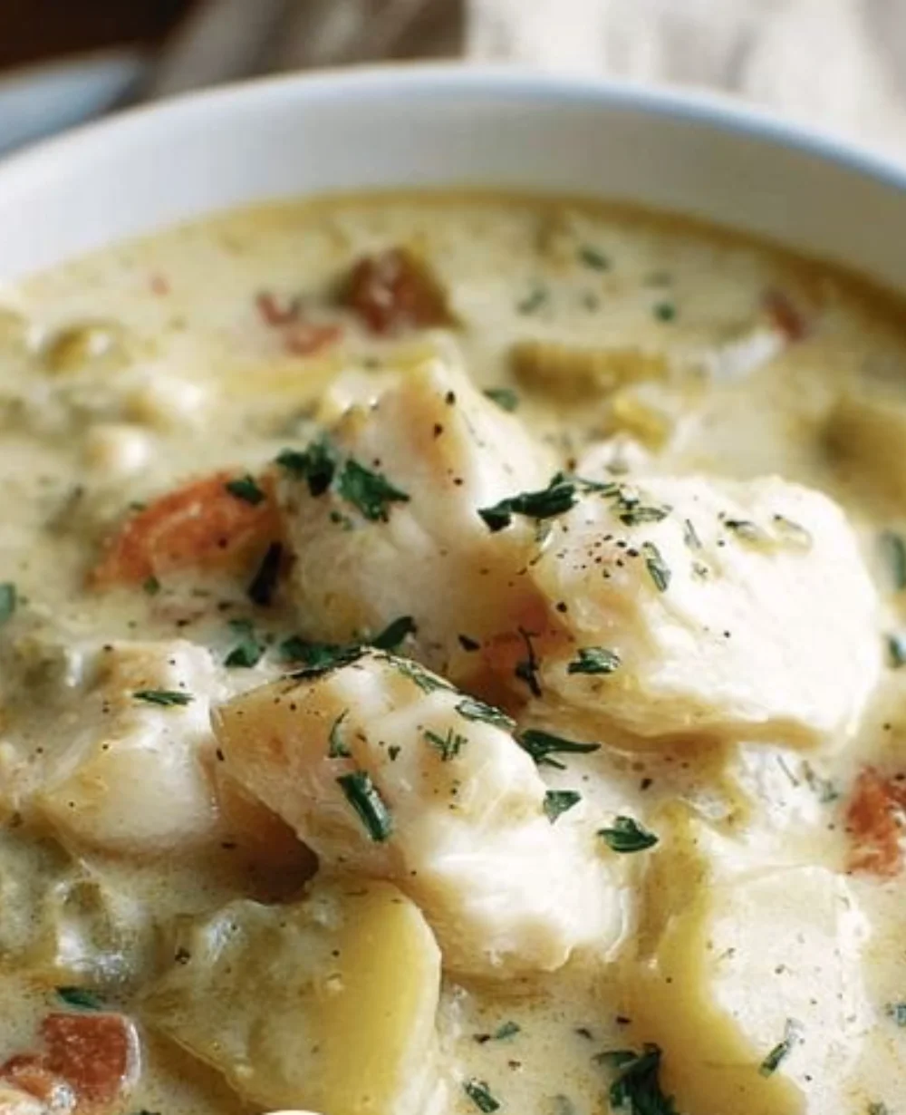 Bowl of creamy fish chowder topped with herbs and crackers on a rustic table.
