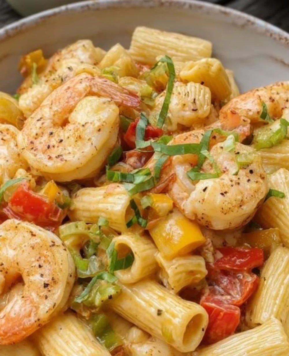 Creamy Jamaican Shrimp Rasta Pasta with colorful vegetables and shrimp