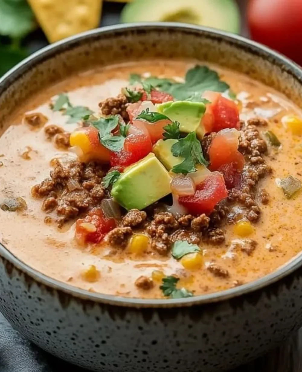 Creamy Keto Taco Soup with Ground Beef in a rustic bowl for a cozy meal.