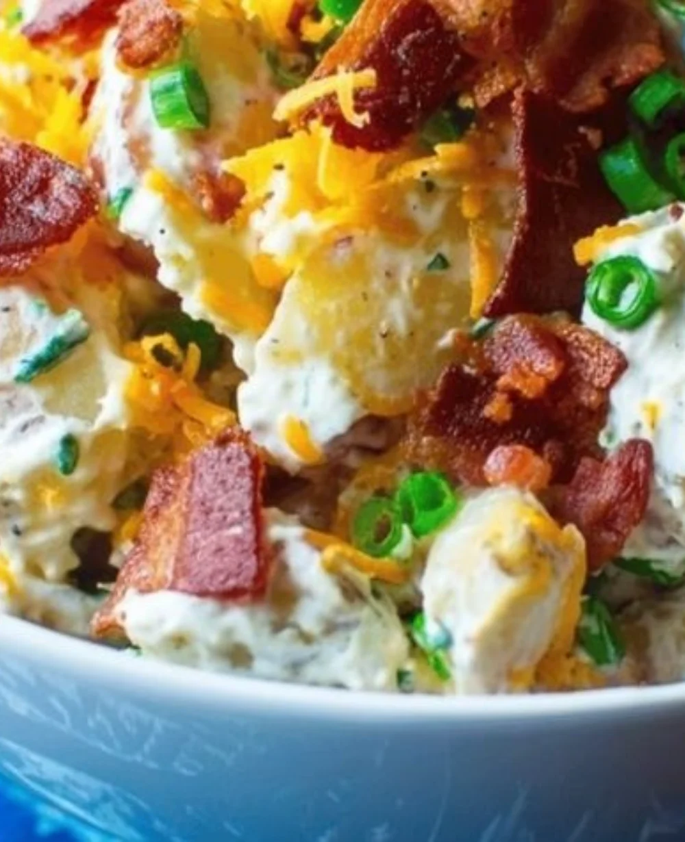 Creamy loaded bacon ranch potato salad served in a bowl with toppings