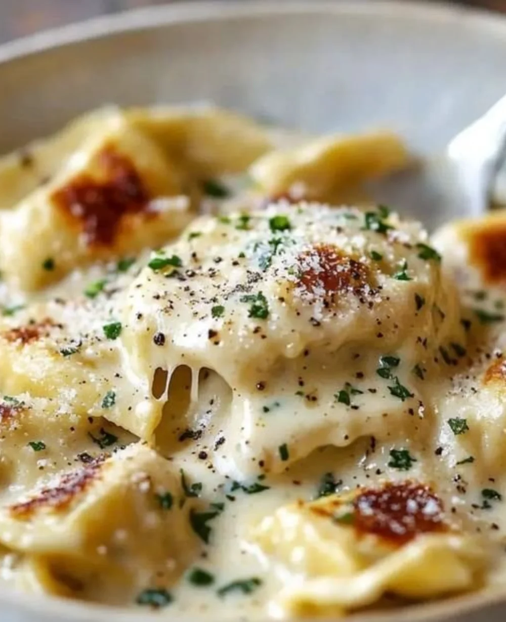 Delicious plate of creamy ravioli carbonara inspired by Olive Garden's recipe