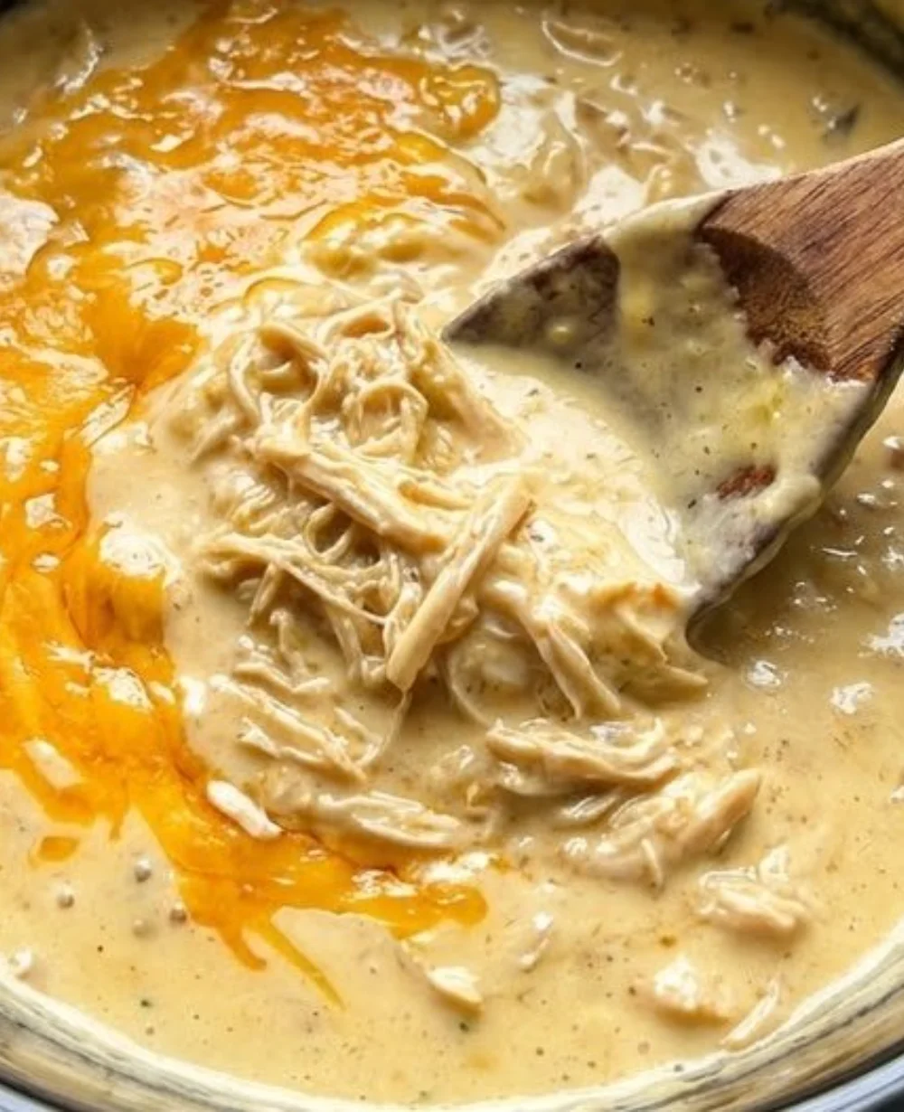 Delicious creamy queso chicken tacos topped with fresh ingredients.