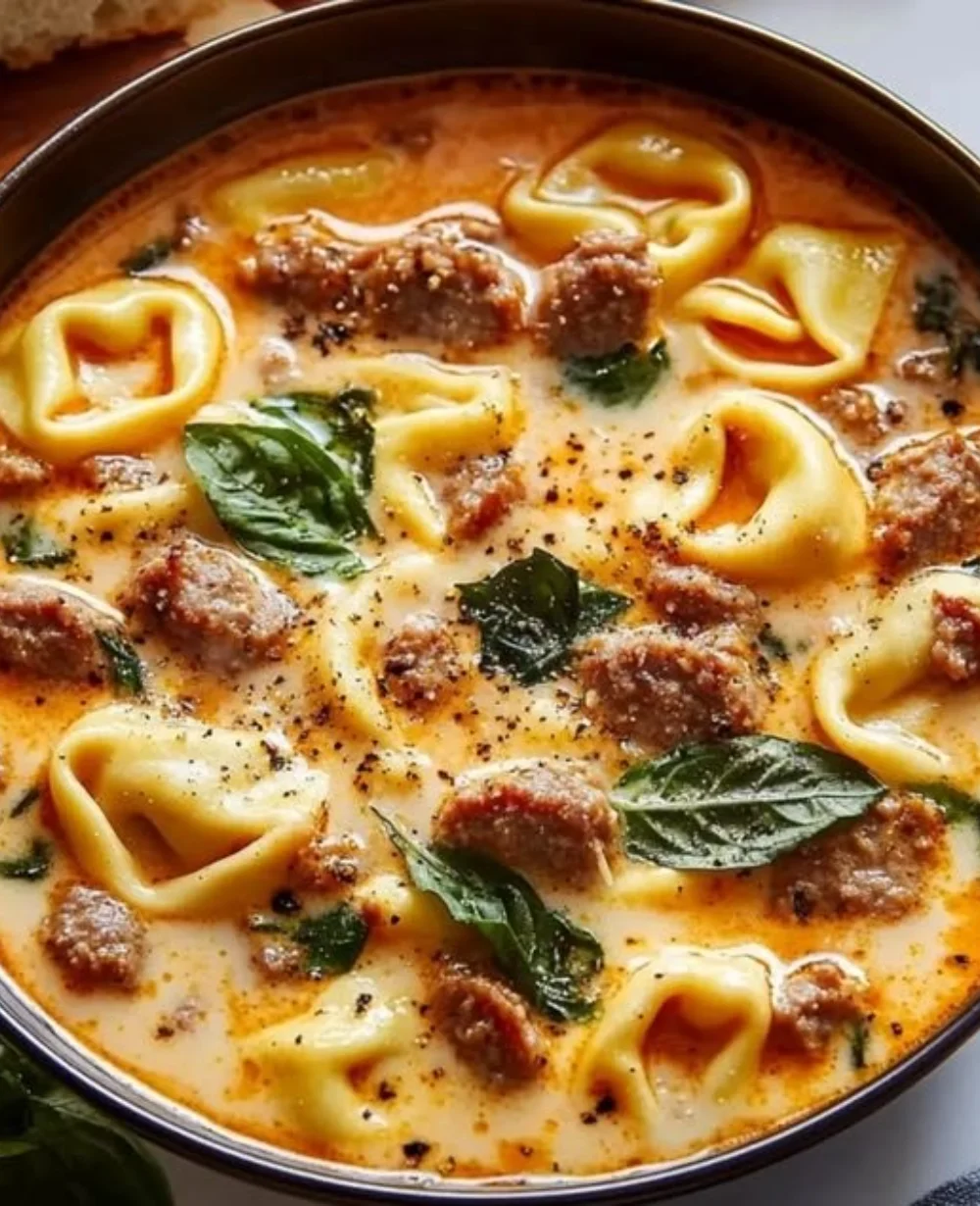 Creamy sausage tortellini soup in a bowl for a comforting meal