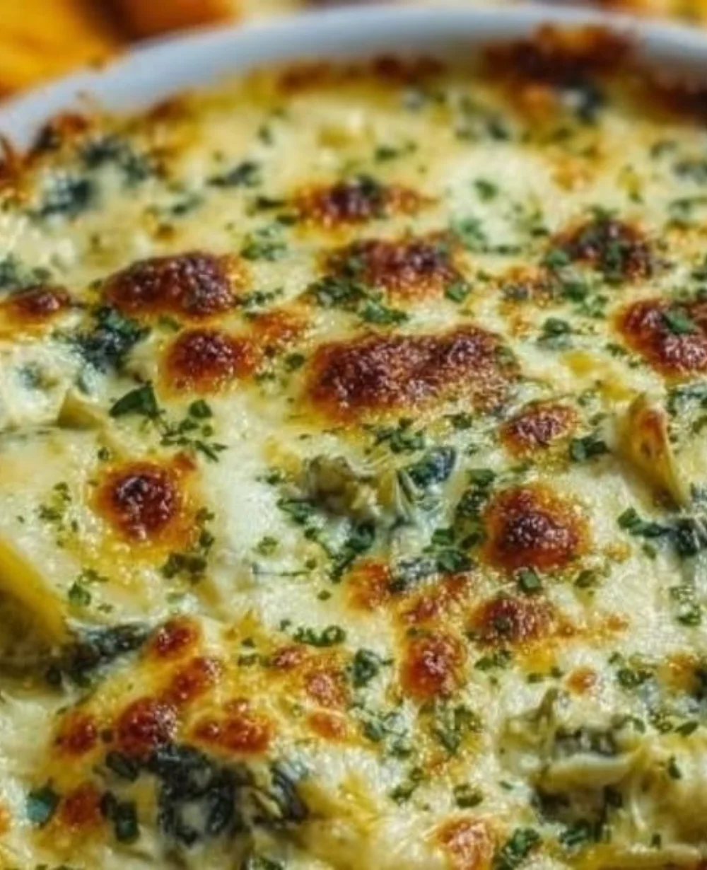 Creamy spinach and artichoke dip served in a bowl with tortilla chips.