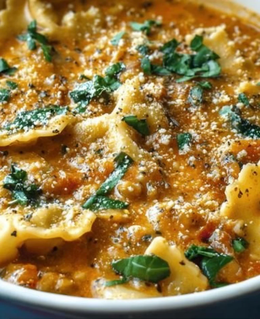 Bowl of creamy vegan lasagna soup topped with fresh herbs and cheese alternative