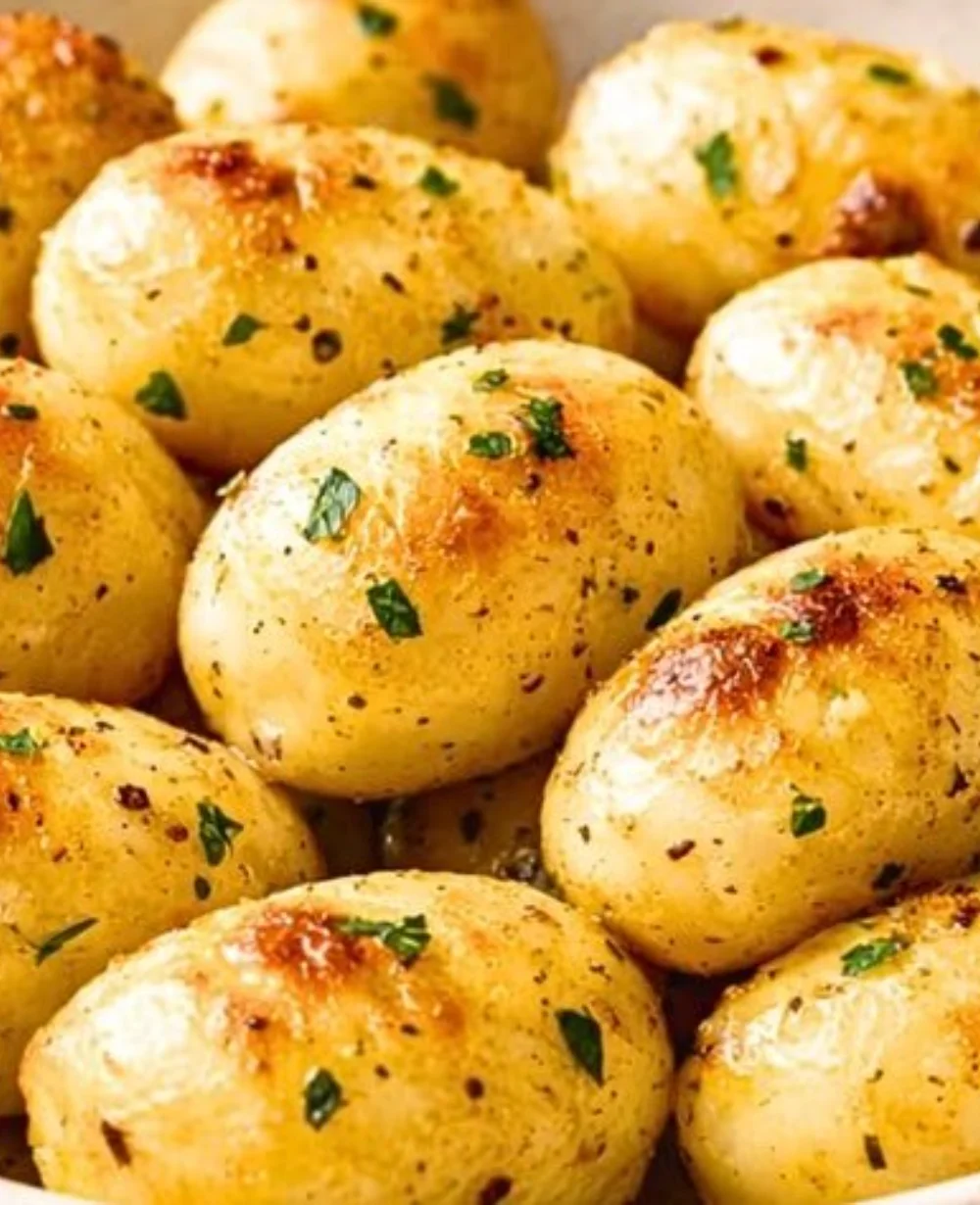 Crispy air fryer canned potatoes served on a plate with herbs