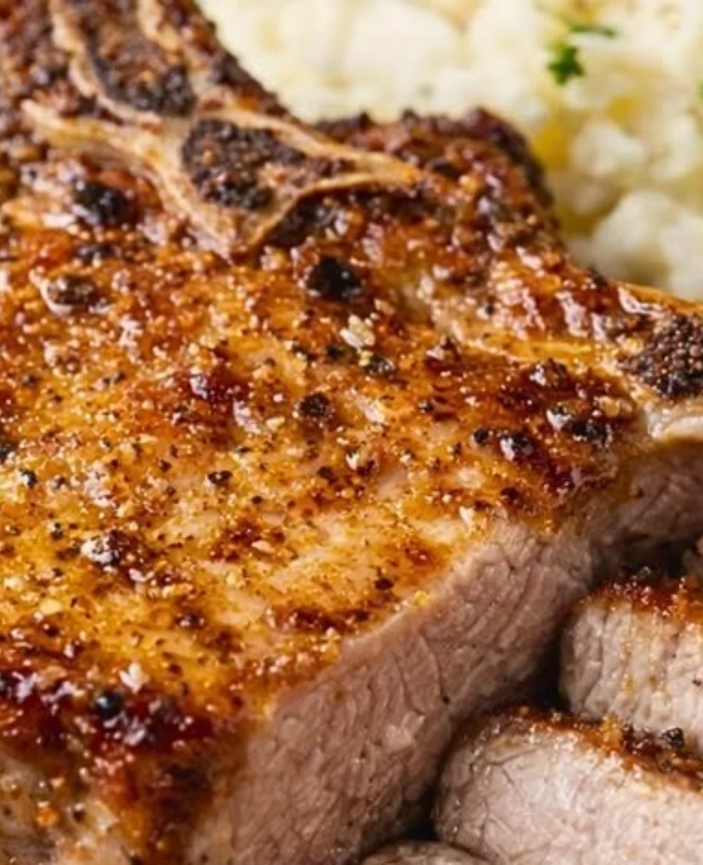 Crispy air fryer pork chops served on a plate with herbs garnish.