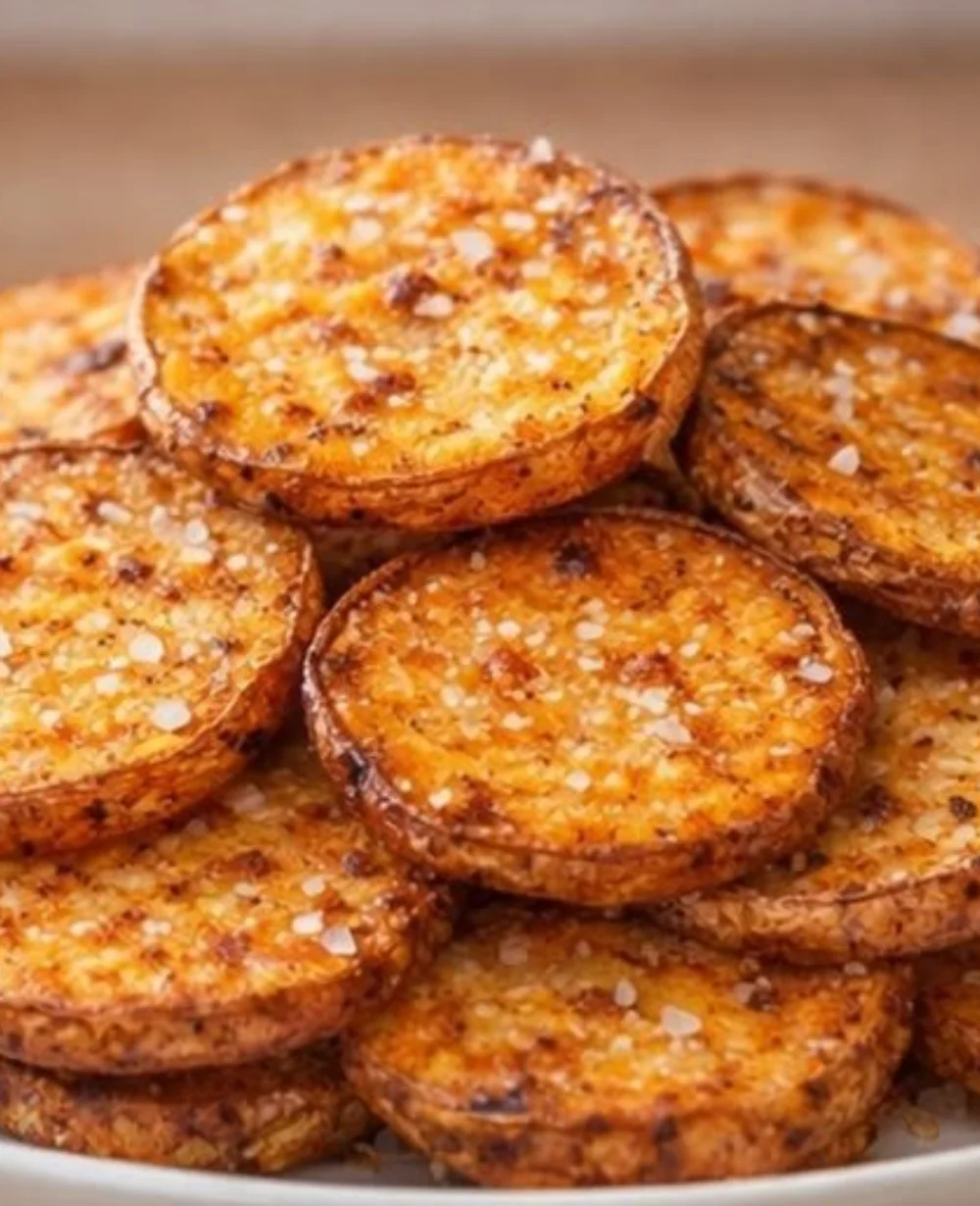 Crispy air fryer potato rounds served on a plate with dipping sauce.