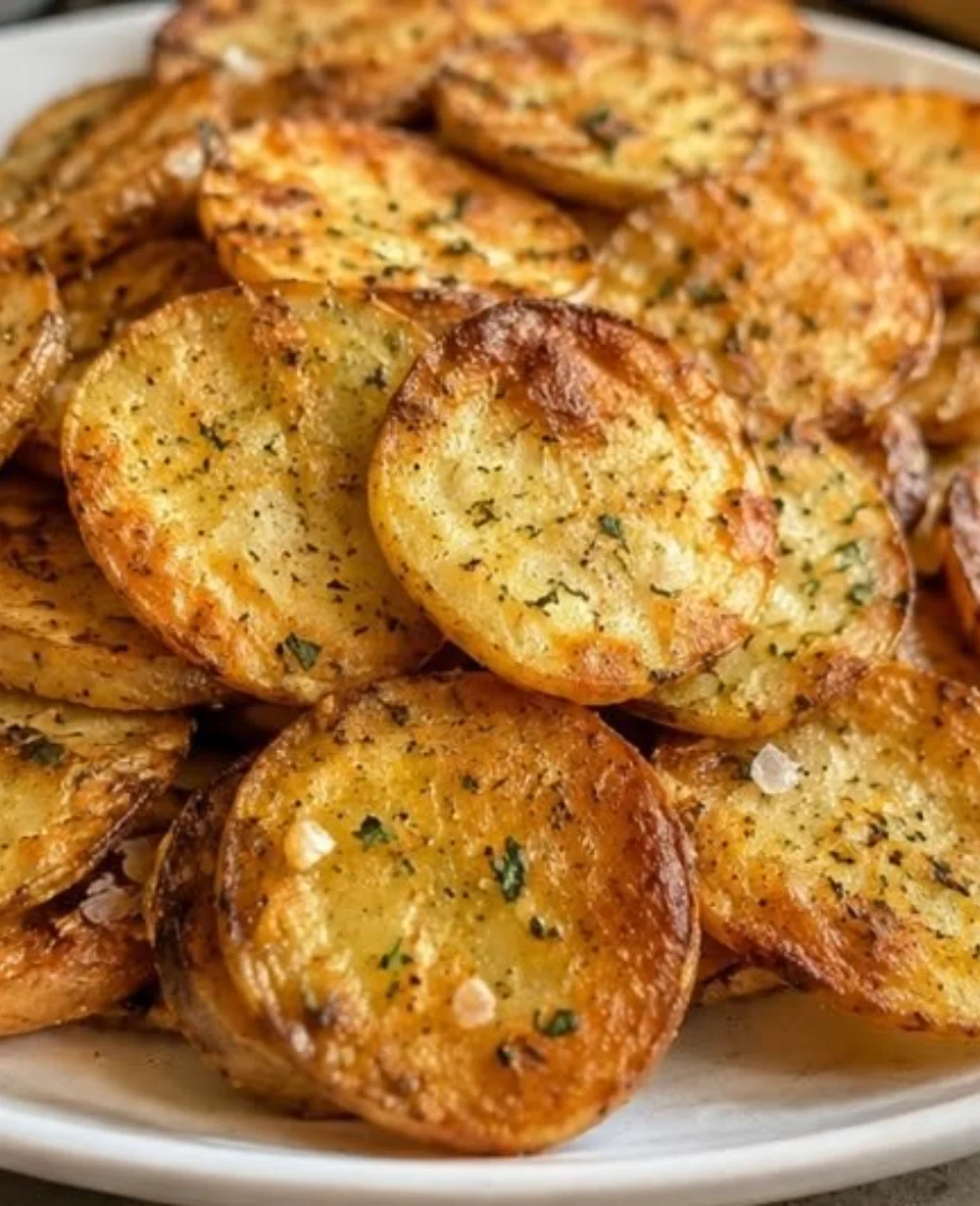 Crispy air fryer potatoes with garlic seasoning and golden brown color