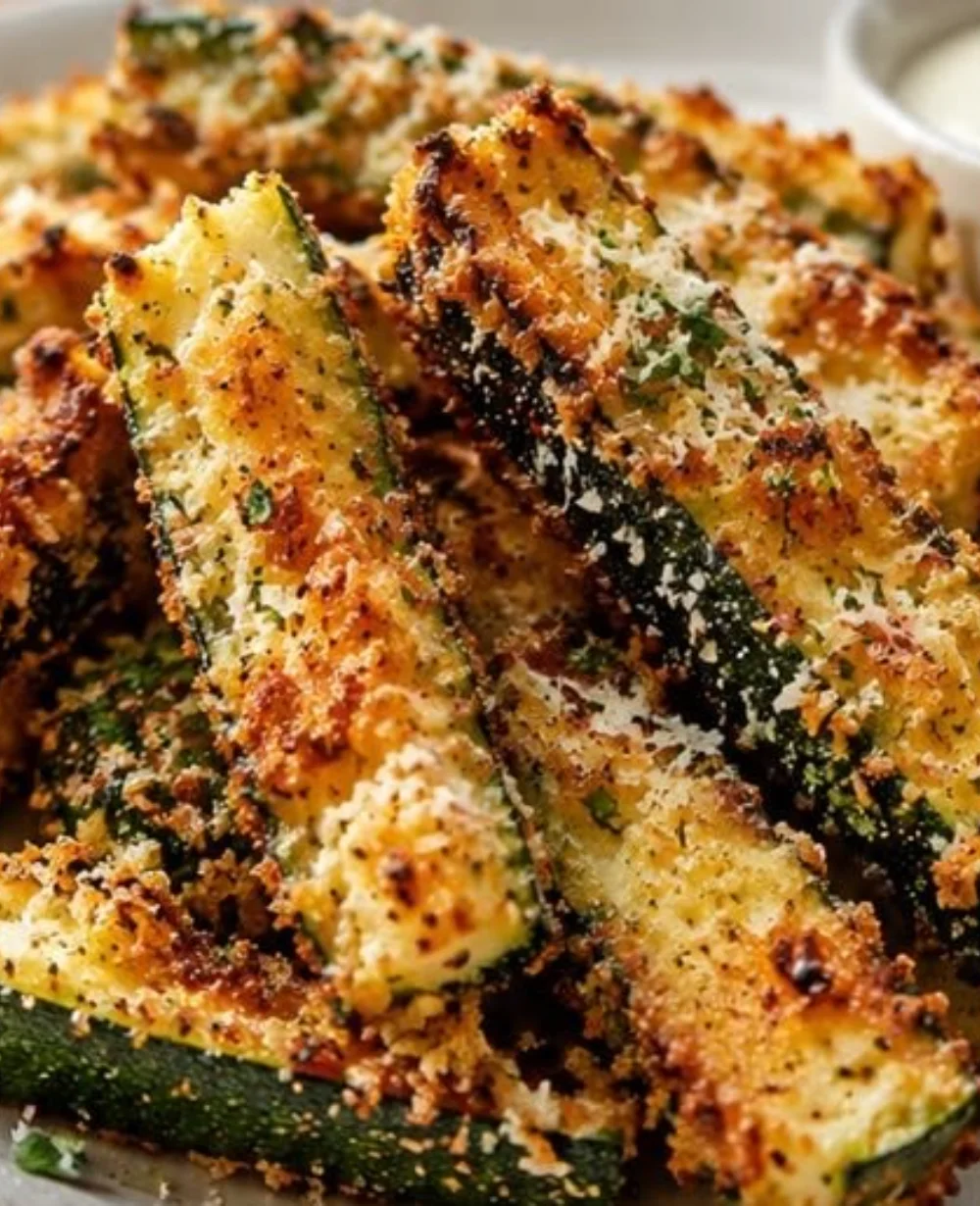 Crispy air fryer zucchini fries served with a dipping sauce on a white plate