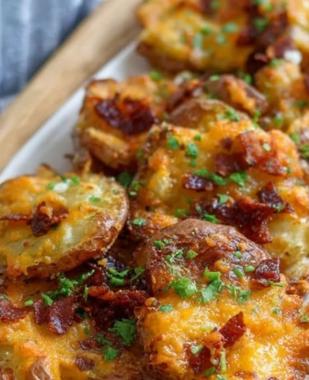 Crispy cheesy smashed potatoes served on a plate with herbs.
