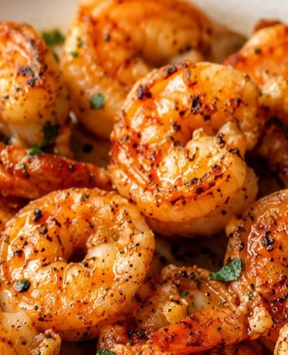Crispy garlic butter shrimp cooked in an air fryer, garnished with fresh herbs.