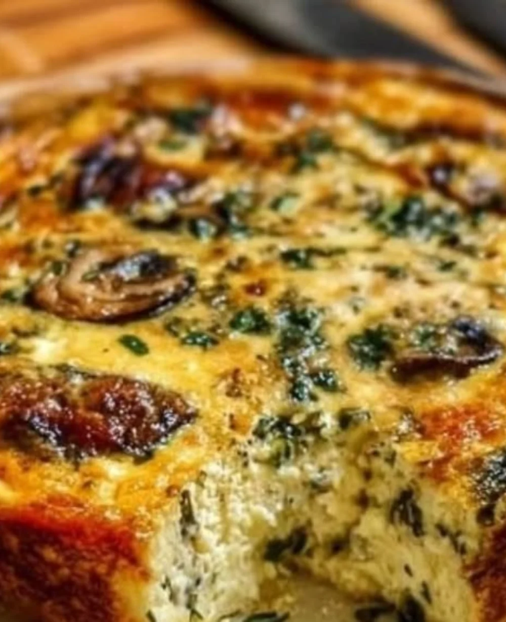 Delicious crustless quiche served on a plate with fresh herbs.