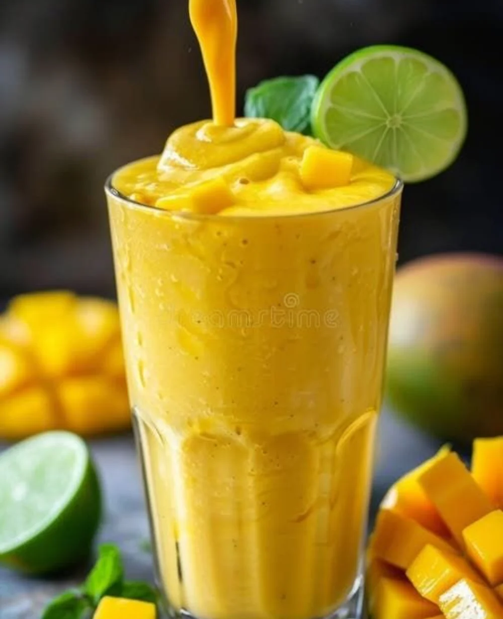 Delicious mango smoothie served in a glass with fresh fruits