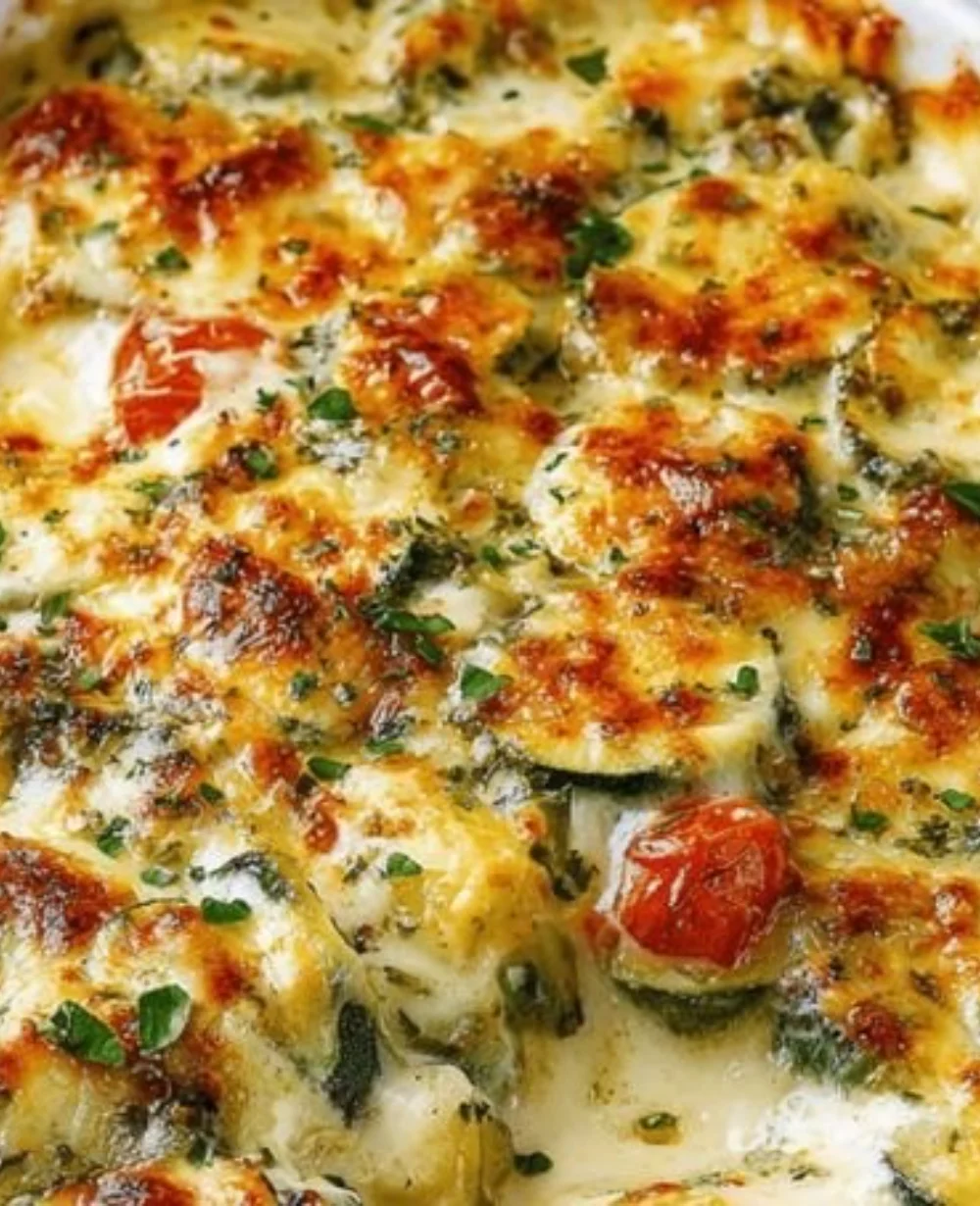 Easy baked zucchini and cheese casserole in a baking dish
