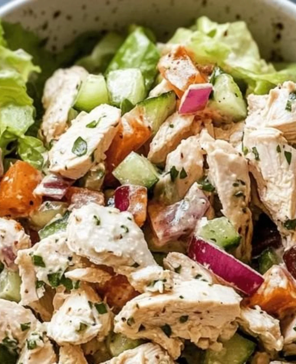 Delicious easy chicken salad in a bowl, perfect for a cozy meal.