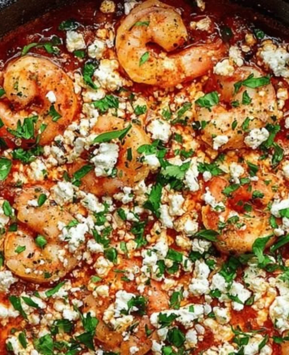 Plate of Easy Greek Shrimp Saganaki with tomatoes and feta cheese