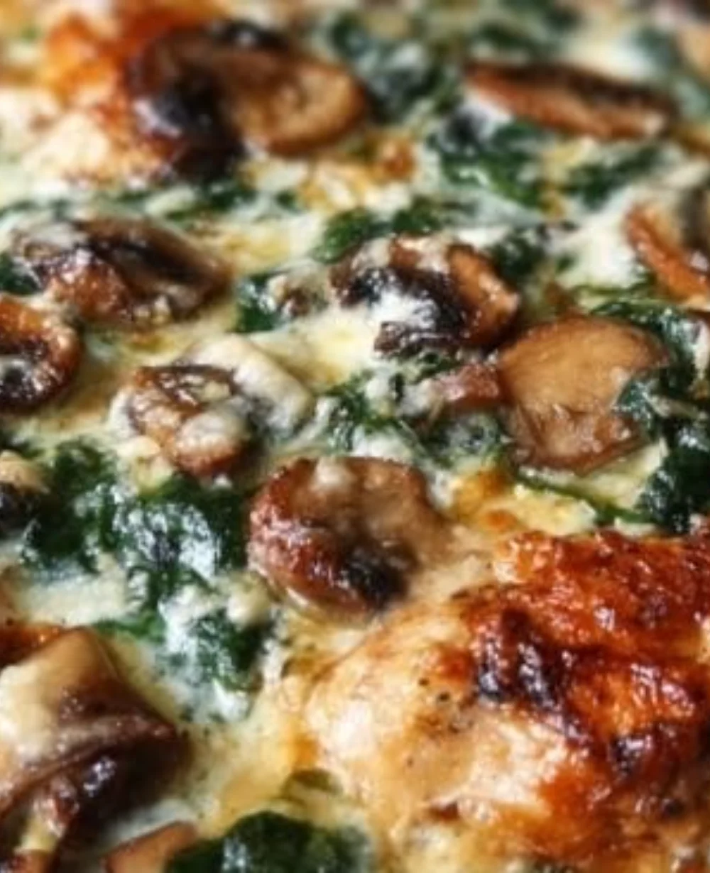Low-carb chicken spinach mushroom bake on a plate ready to serve.