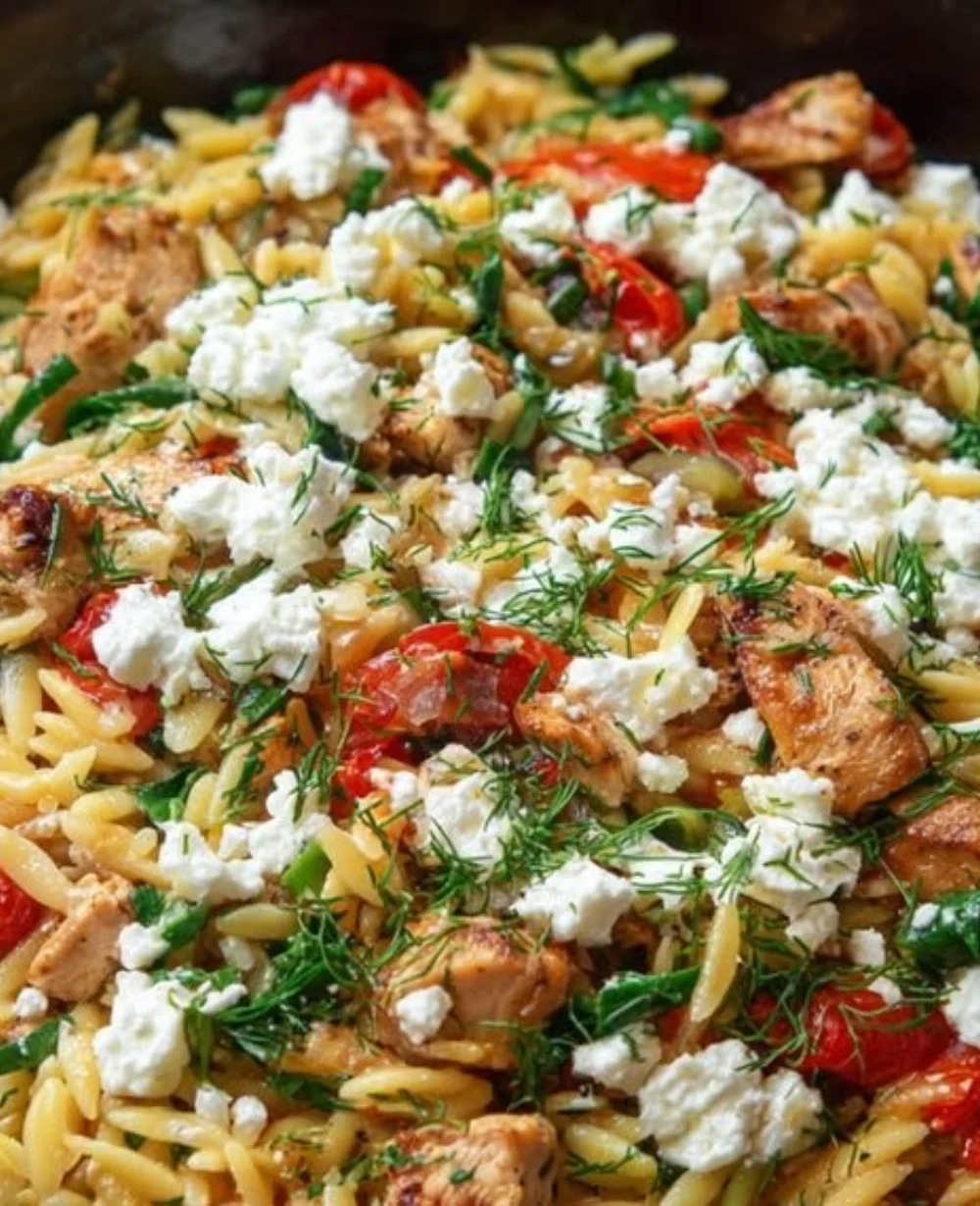 Delicious Feta Orzo with Chicken dish served in a bowl