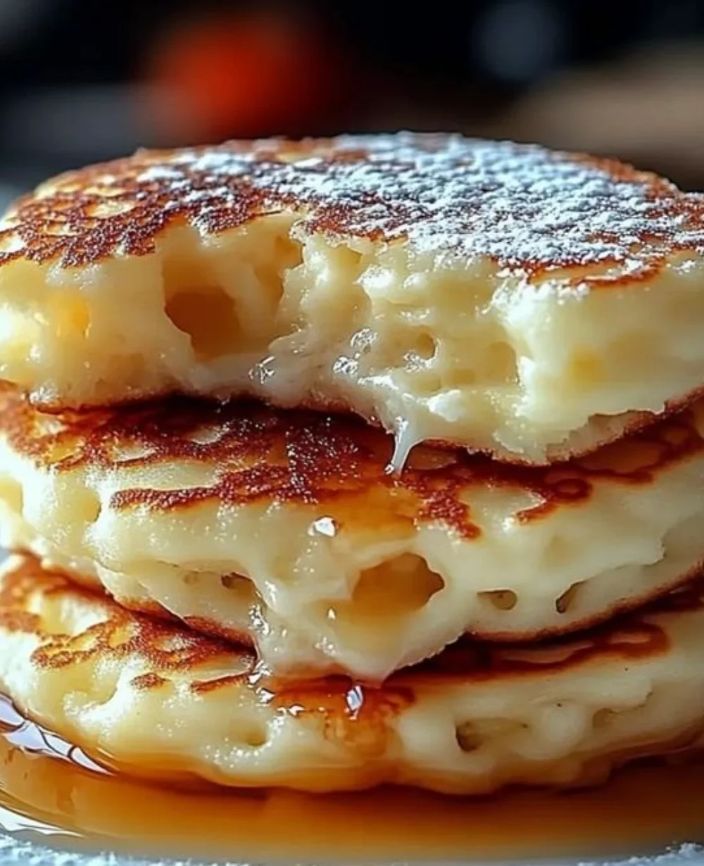 Fluffy gluten-free cottage cheese pancakes stacked on a plate with syrup and berries