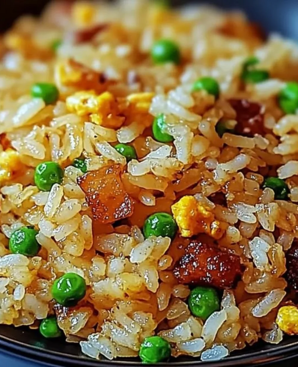 A colorful bowl of delicious fried rice with vegetables and chicken