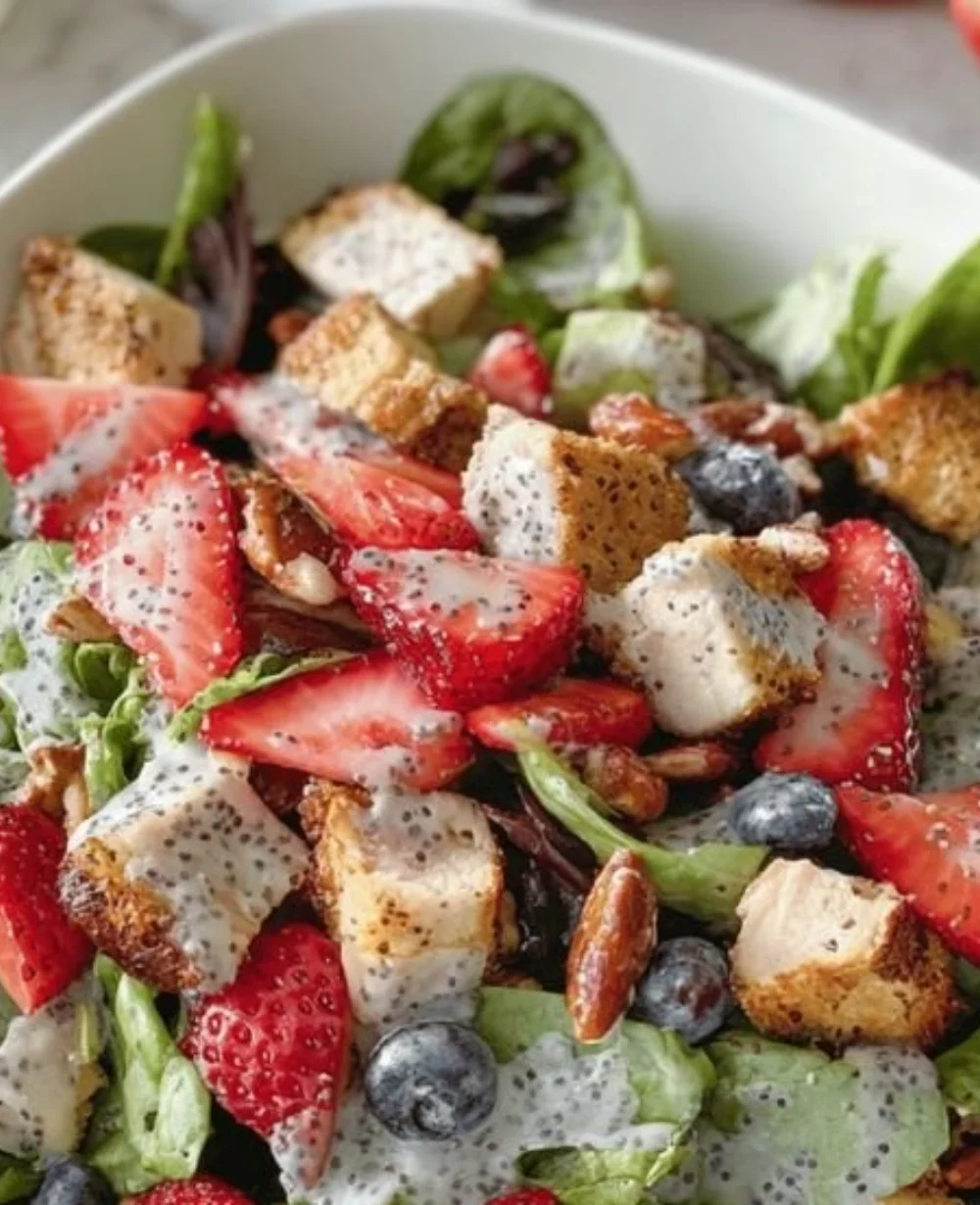 Fresh Strawberry Poppyseed Salad with vibrant strawberries and greens