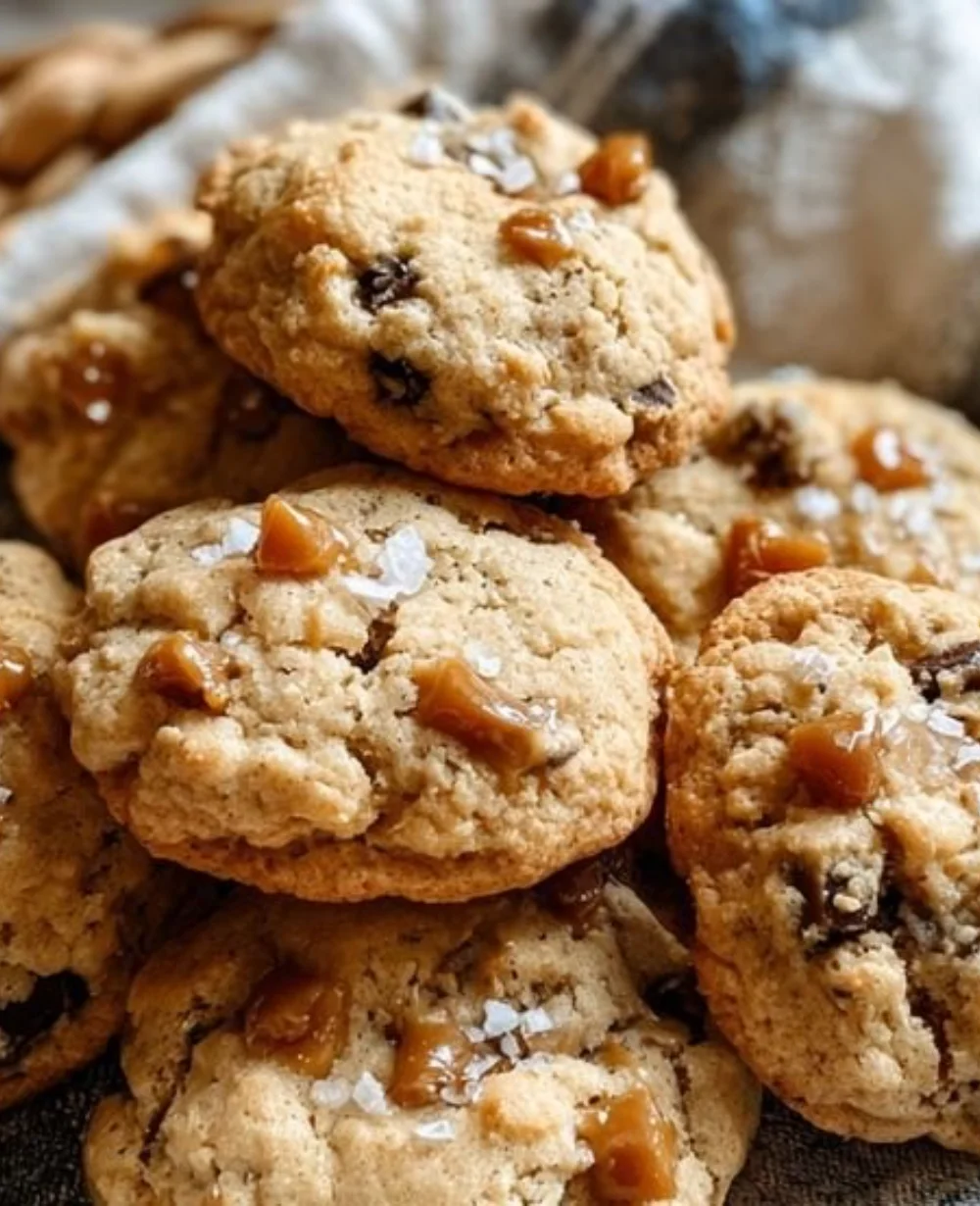 Salted caramel sourdough discard cookies stacked on a plate.