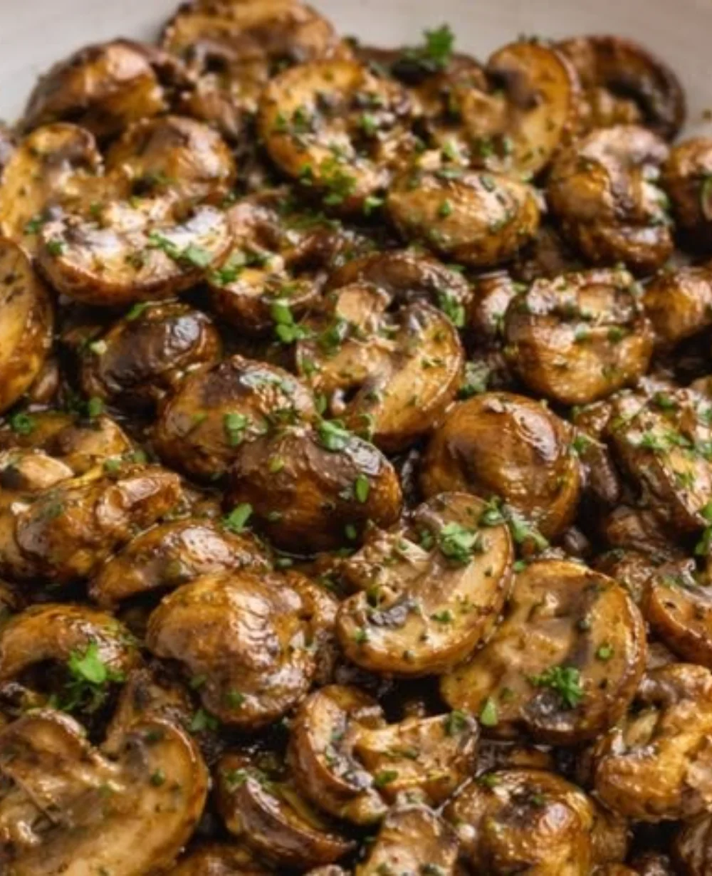 Delicious Garlic Air Fryer Mushrooms served in a bowl, garnished with herbs.