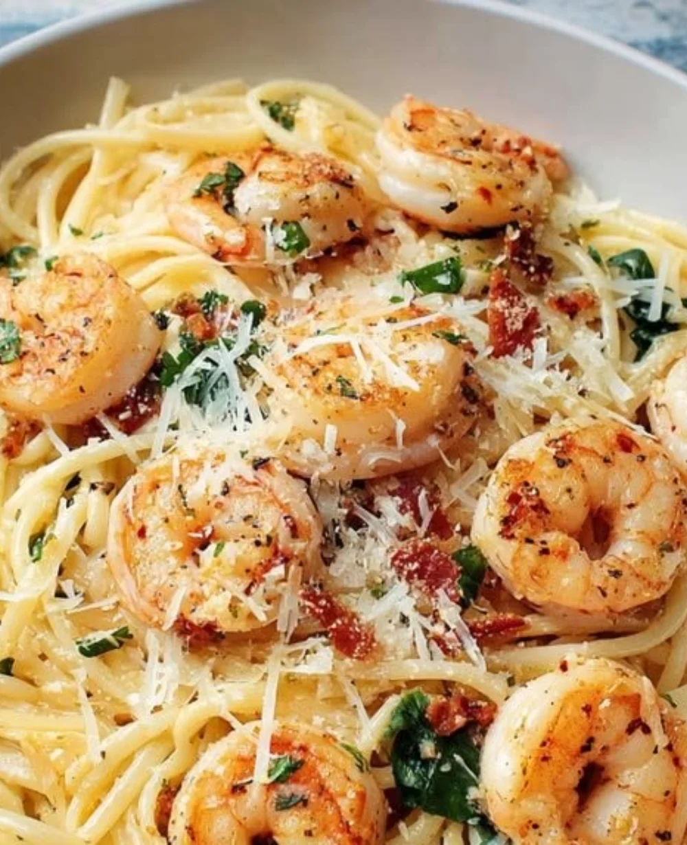 Plate of Garlic Butter Shrimp Pasta topped with fresh herbs and parmesan cheese.
