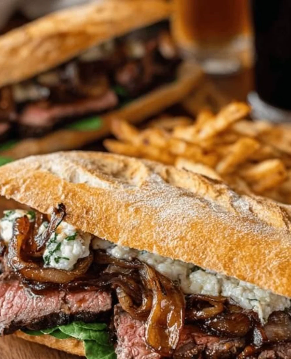 Delicious Garlic Herb Steak Sandwich with juicy meat and fresh herbs