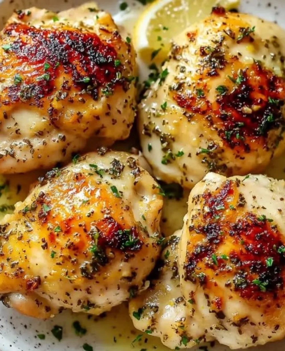 Delicious Garlic Lemon Boneless Chicken Thighs served on a plate