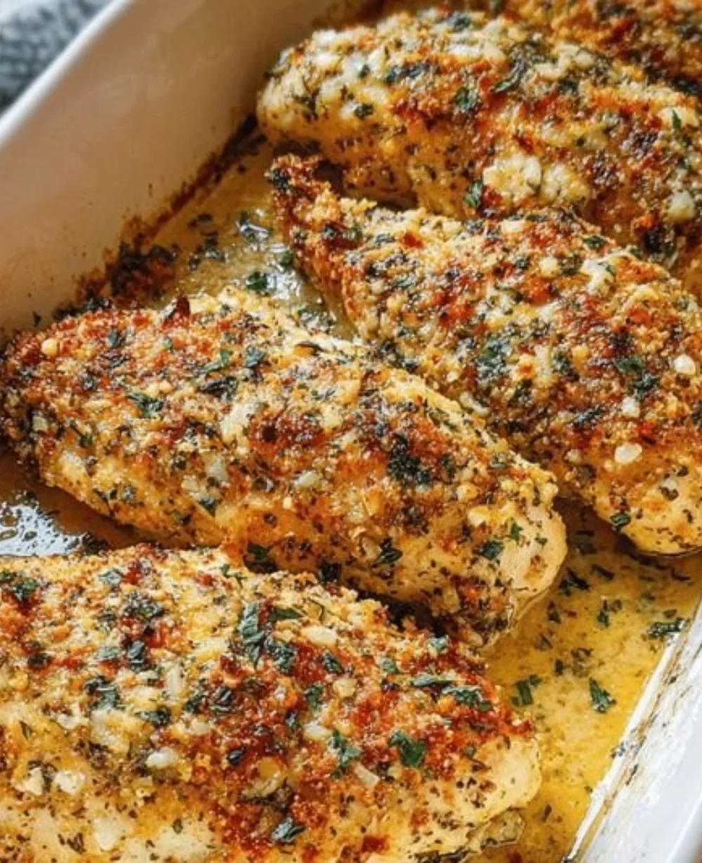 Garlic Parmesan Chicken Bake served on a plate with herbs and spices.