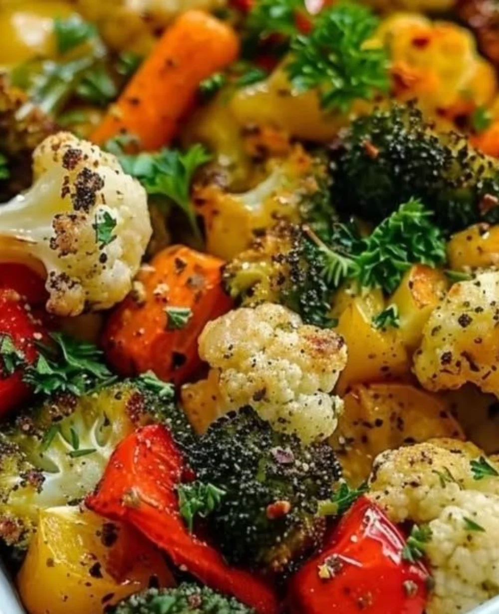 Mix of colorful garlic roasted vegetables including carrots, bell peppers, and zucchini