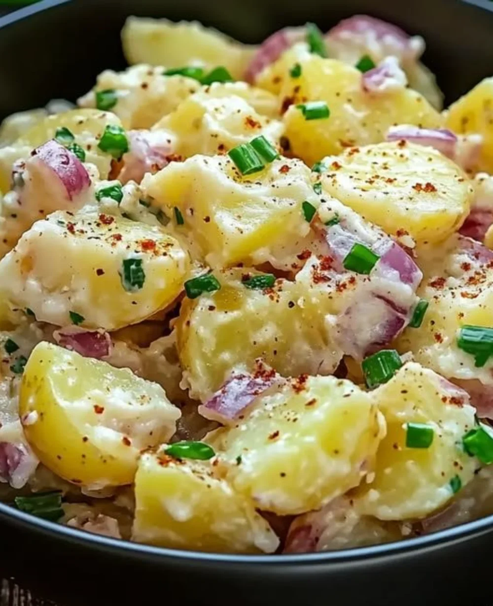 Bowl of traditional German potato salad with herbs and spices