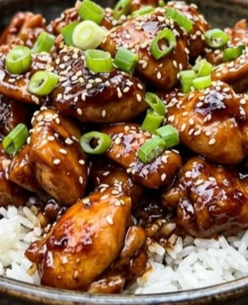 Griddle-glazed bourbon chicken sizzling on a Blackstone grill, showcasing flavorful ingredients.