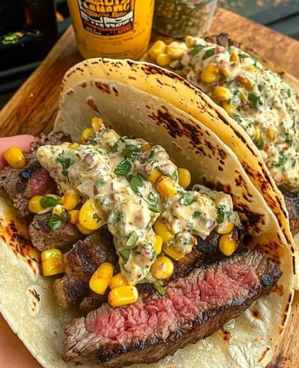 Grilled elote steak tacos with fresh toppings and vibrant colors.