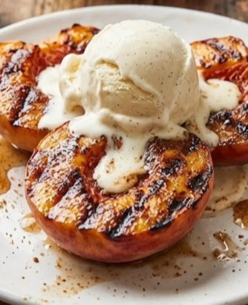 Grilled peaches with cinnamon and brown sugar served on a rustic plate.