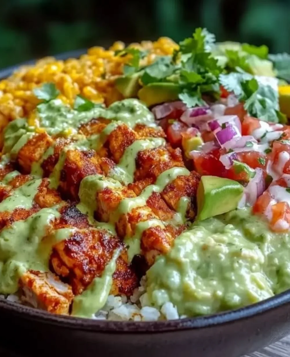 Healthy low-cal chicken taco bowl topped with fresh avocado and vibrant ingredients