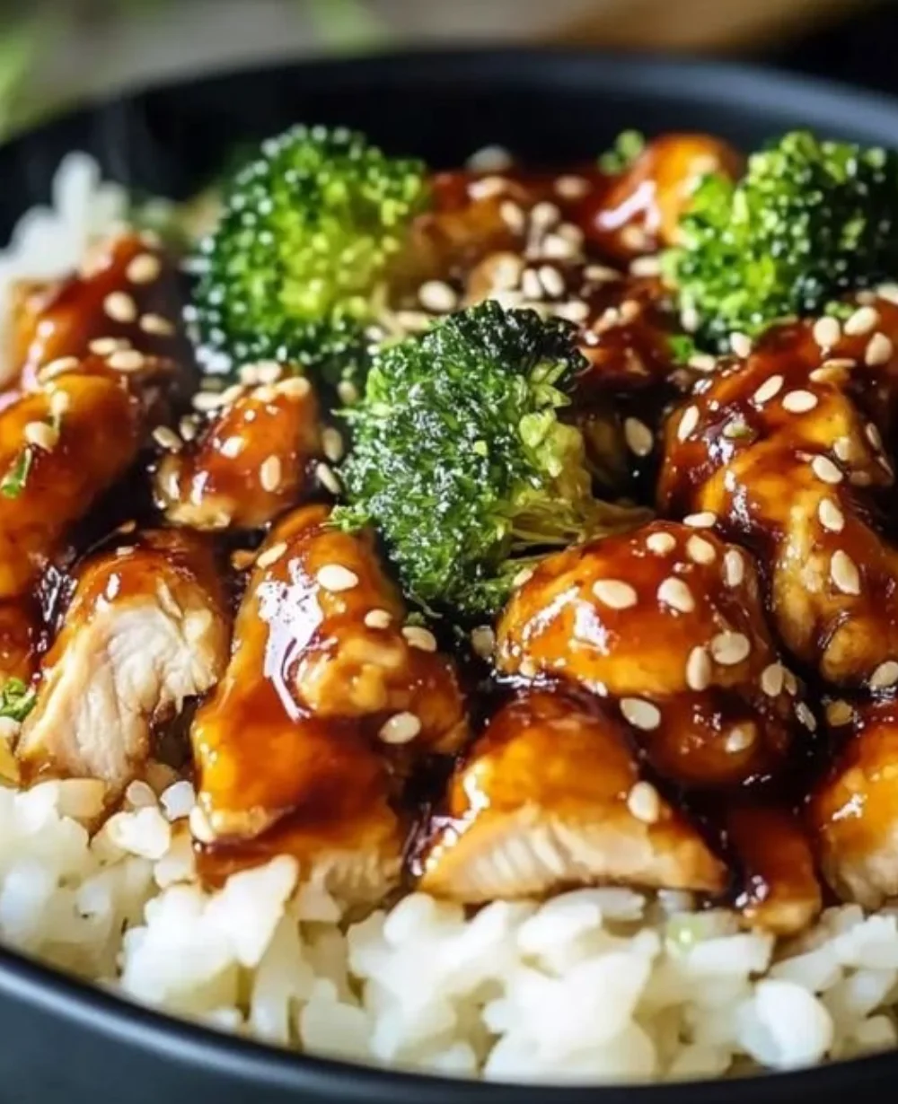 Healthy sticky chicken bowls with fresh vegetables and rice.