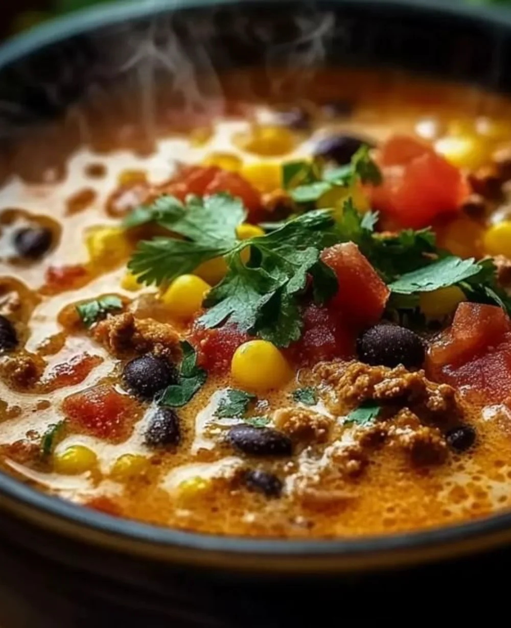 Creamy taco soup with high protein, perfect for cozy nights.