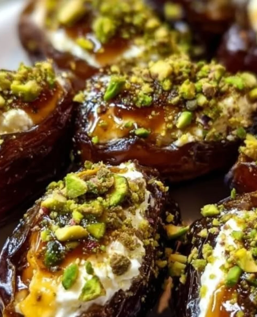Honey pistachio ricotta stuffed dates on a plate