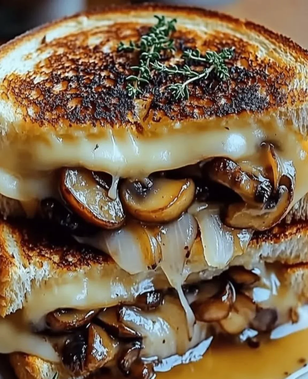 Indulgent grilled cheese sandwich with Gouda, roasted mushrooms, and onions