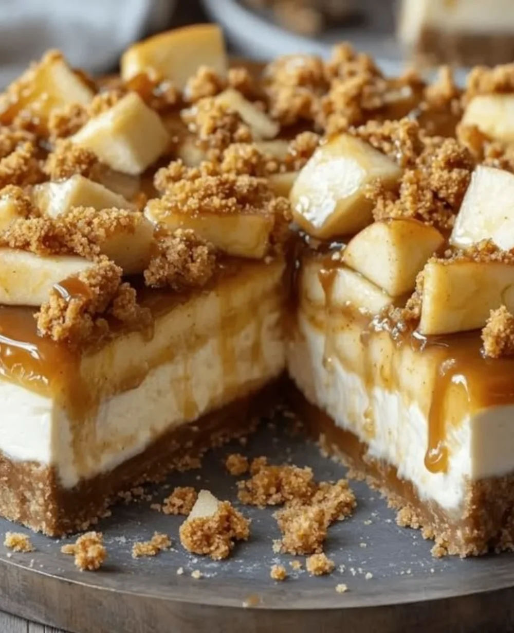 Slice of salted caramel apple pie cheesecake with a drizzle of caramel sauce