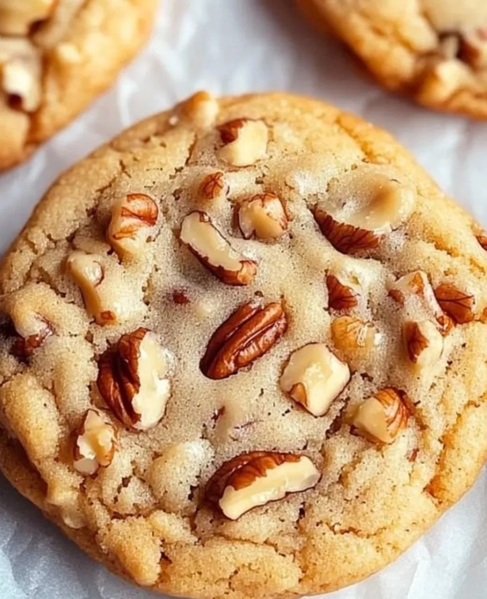 Freshly baked butter pecan cookies on a cozy kitchen table